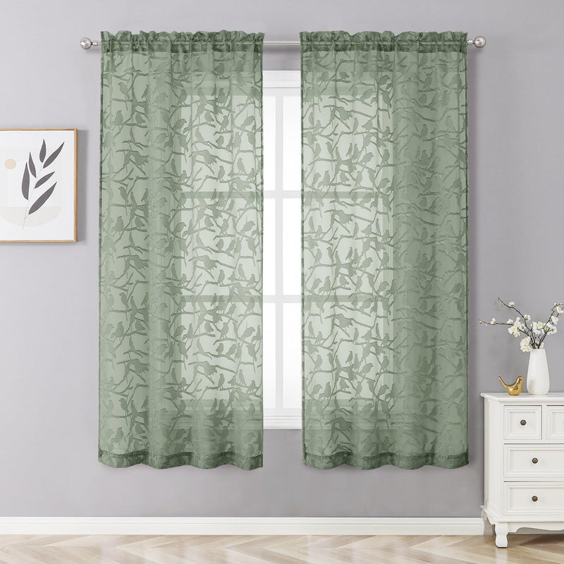 OVZME Anji Sheer Sage Green Curtains 63 Inches Long  Light & Airy Privacy Textured Sheer Drapes  Dual Rod Pocket Voile Clipped Birds Luxury Panels for Kid Bedroom Living Room  38 x 63 inch  Set of 2 - Image 2